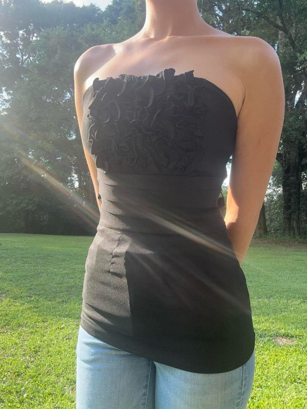 Vintage Y2K Strapless Ruffle-Front Black Women’s Dress Top